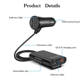 4 Port USB Bil Oplader til Hurtig Opladning QC3.0 5.6 m forlængerkabel Til iPhone 12 Xiaomi Mobiltelefon Kørsel Optager Hurtig Opladning