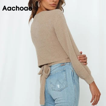Aachoae Kvinder Sexy V Hals Belted Sweater 2020 Solid Afslappet Langærmet Afgrøde Top Kvindelige Mode Tilbage Bow Tie Jumper, Pullover