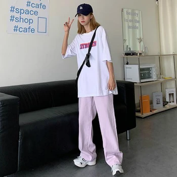 Jeans Kvinder Solidt Violet Denim med Høj Talje Plus Size Lige Løs Casual Dame Streetwear Harajuku Vintage Lynlås i Fuld længde