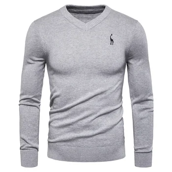 2020 Mærke Kvalitet 100 Bomuld Sweater Mænd Mode Varm V-hals Pullover Mænds Solid Giraf Broderi Mænds Pullover Sweater