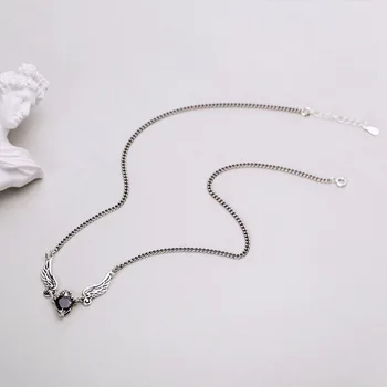 2021 Nye Mode englevinger Hjertet Sorte Zircon Halskæde til Kvinder, Thai Sølvfarvet Halskæde Vintage Smykker dropshopping