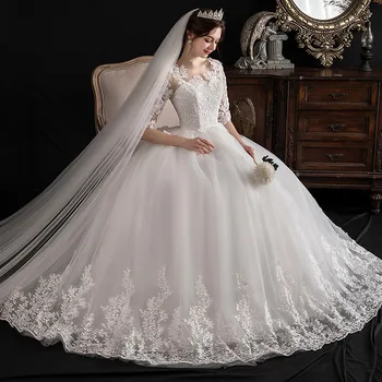 Vestidos De Novia 2021 lace broderi brudepige kjole Plus size O hals ægteskab bryllup kjole Prinsesse snøre Bolden Kjole