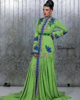 Mode Broderi Perler Marokkanske Kaftan Arabien Aften Kjole Lange Ærmer A-linje Muslimske Prom Kjole Islamiske Dubai Kjole Plus Størrelse