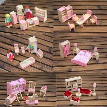 Kids Pink Træ Dukke Møbler, 6 Værelser med Dukker Hele Sættet Træ-Køkken Soveværelse Legetøj til dukkehuset Piger Fødselsdag Gave