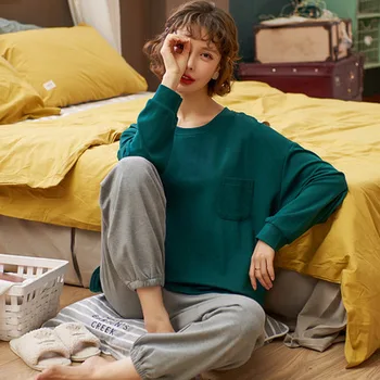 2020 Solid Farve Strikket Bomuld Pyjamas Kvinders langærmet Pyjamas for Kvinder Plus Size Studerende To-stykke med Hjem Service