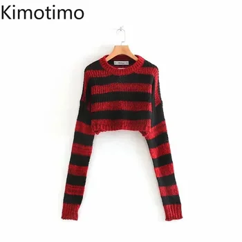 Kimotimo Kort Sweater Kvinder 2020 Efteråret Rød Kontrast Langærmet Stribet Sexet Vintage Afslappet Og Elegant Strik Jumper Mode