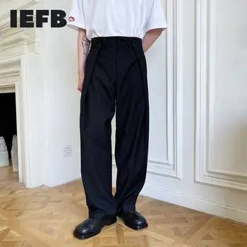 IEFB /mænds bære Fashionable alle-match personlig dobbelt-fold talje design-wide-ben afslappet sort koreansk stil bukser 9Y2611
