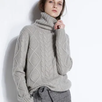 Ny Stil til Efterår og Vinter Kvinder Rullekrave Pullover Kabel-Strik Polstret Løs og Plus-sized Cashmere Base Sweater