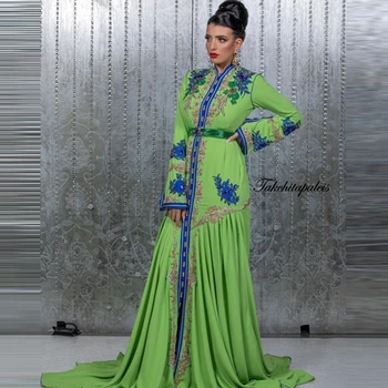 Mode Broderi Perler Marokkanske Kaftan Arabien Aften Kjole Lange Ærmer A-linje Muslimske Prom Kjole Islamiske Dubai Kjole Plus Størrelse